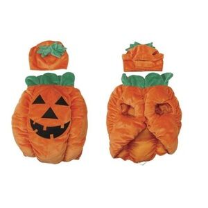 Dog Halloween Costume Pumpkin Pooch Soft Plush 3D Jack-O-Lantern Face Stem Cap